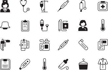 Minimalist First Aid Kit Thermometer and IV Drip Healthcare Outline Icons Collection