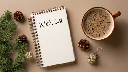 Blank wish list notebook with handwritten text, surrounded by pine branches, pine cones, and a cup of coffee, creating a cozy holiday atmosphere for planning gifts