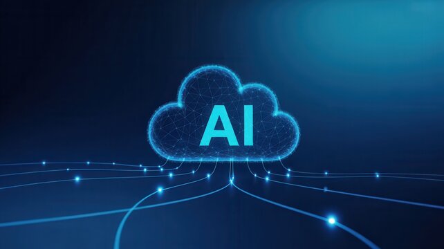 Futuristic AI cloud computing network connecting digital data streams for innovative technology solutions and advanced artificial intelligence systems