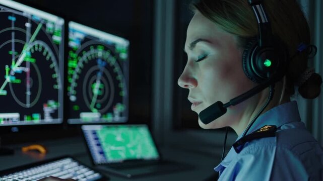 female controller monitoring radar screens focused on coordinating inbound and outbound flights during night