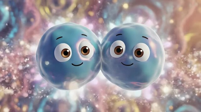 Cute animated cell character divides into two