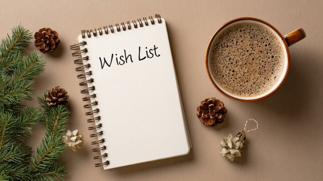 Blank wish list notebook with handwritten text, surrounded by pine branches, pine cones, and a cup of coffee, creating a cozy holiday atmosphere for planning gifts