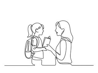 A woman holds a book and talks to a young girl with a backpack.