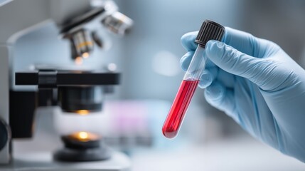 Blood sample tube held by gloved hand in laboratory with microscope