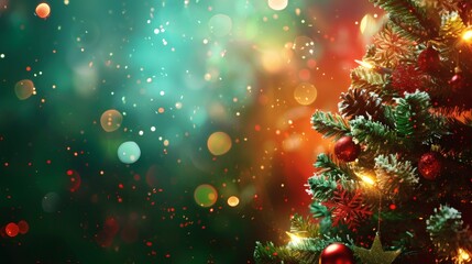 Sparkling Christmas tree branches adorned with festive ornaments and glowing fairy lights create a magical, celebratory atmosphere perfect for holiday promotions.