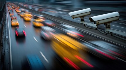 Surveillance cameras overlooking a busy urban highway with motion-blur traffic