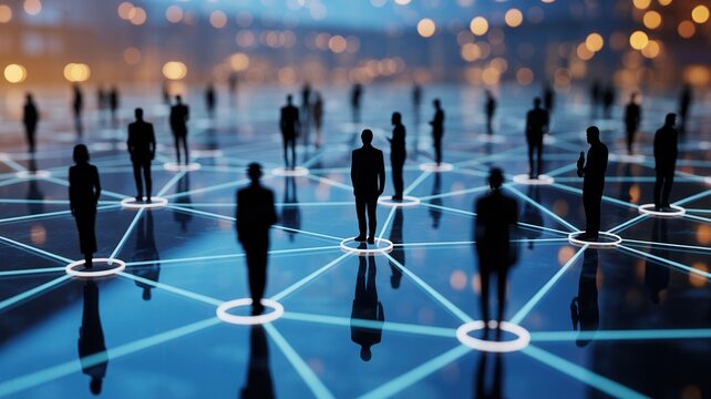 Connected team silhouettes networking in digital space, visualizing collaboration and global business reach with modern technology and strategic partnerships