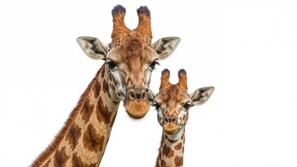 Two giraffes, one adult and one calf, showcasing their long necks and distinctive spotted patterns.