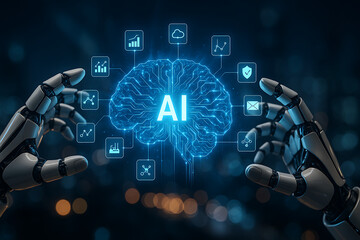 Artificial intelligence brain illuminated between robotic hands, futuristic digital technology concept showing neural network data icons glowing in cyber environment representing advanced machine lear