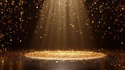 golden confetti rain on festive stage with light beam in the middle empty room at night mockup with copy space for award ceremony jubilee new years party or product presentations