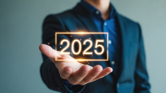 Visionary businessman presenting bright 2025 future with glowing technology in hand, showcasing innovation and forward-thinking leadership for corporate success