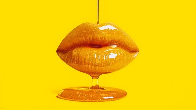 honey flowing onto lips and continuing to drip from the lips down to the floor isolated on yellow background