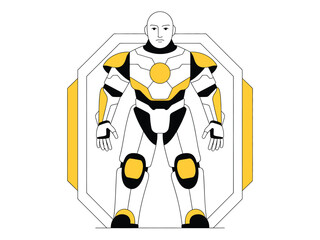 A futuristic cyborg warrior stands ready in a protective suit with yellow accents.