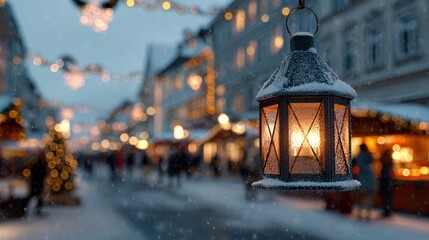 warm light from a snow covered lantern creates a festive atmosphere in a blurred christmas market street at dusk
