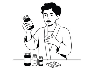A man holds a prescription bottle, looking concerned about his medication.