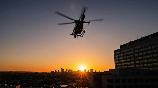 Helicopter Approach to City Hospital at Golden Hour Sunset Over the Urban Landscape