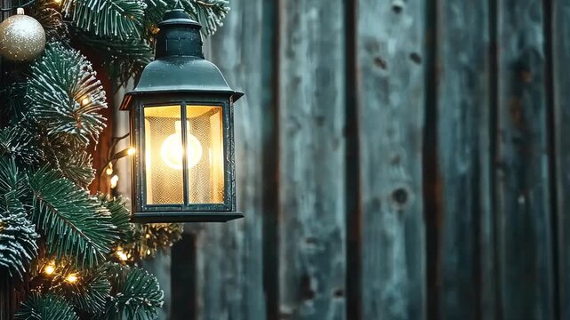 A charming lantern shines brightly among festive decorations, spreading warmth and cheer during the holiday season