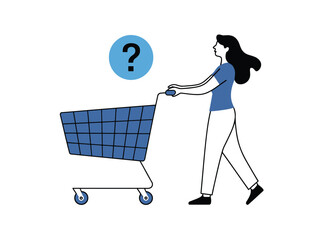 A person pushes a shopping cart with a question mark above it, representing a choice.