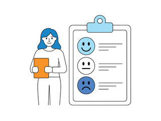 A person stands next to a clipboard displaying a survey with happy, neutral, and sad faces.