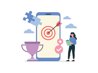A woman checks her clipboard next to a trophy and a smartphone displaying a target with an arrow hitting the bullseye.