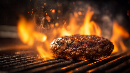 Beef hamburger patty cooking on a hot grill with flames and rising smoke. Ideal for BBQ branding, outdoor cooking visuals, and fast-casual restaurant imagery.