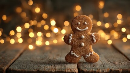 gingerbread man cookie with icing smile standing on rustic wooden table warm golden christmas lights creating soft bokeh glow for cozy holiday baking and festive celebration scene