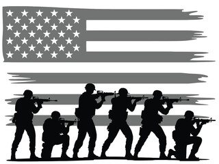 Silhouetted soldiers stand in front of a distressed American flag.