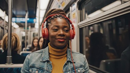 Smiling Black woman with red headphones finds joy and relaxation while traveling on a bustling public transit train, creating a serene personal moment during her daily commute