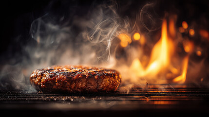 Hamburger patty on a hot grill with flames and smoke creating dramatic lighting. Great for barbecue visuals, grilling ads, and outdoor cooking promotions.