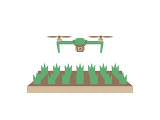 A drone hovers over a field of crops, symbolizing agricultural innovation and technology.