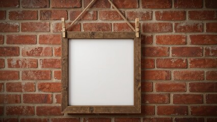 A blank square frame hanging against a brick wall.