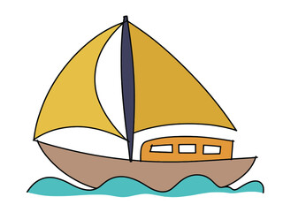 A cartoon sailboat with yellow sails navigates on blue waves.