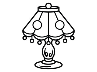 A decorative table lamp with a fringed lampshade and ornate base is shown.