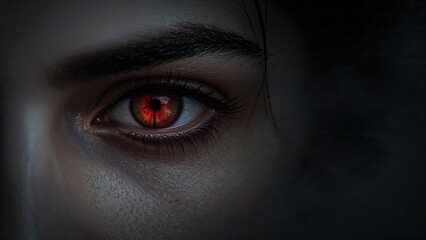Close-up of a human eye with red and black iris, dark atmosphere, eerie and intense tone.