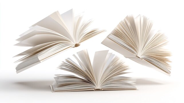 Three Open Books Floating Mid-Air on a White Background Representing Knowledge and Ideas - Powered by Adobe