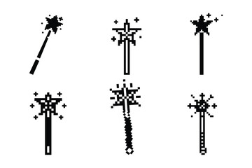 Pixel Magic Wand Icon Pack – Retro Fantasy Wands, Star-Tipped Spells & 8-Bit Enchantment Designs in Black on White
