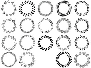 A collection of decorative circular floral and leaf wreaths arranged on a white background.