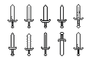 Pixel Sword Icon Pack – Retro Blade Designs, RPG Weapons & 8-Bit Armory in Black on White