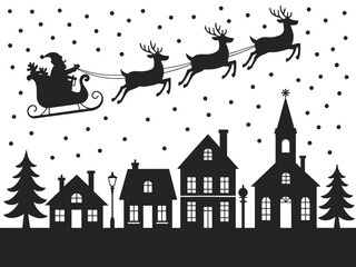Santa Claus flies in his sleigh pulled by reindeer over a snowy town.