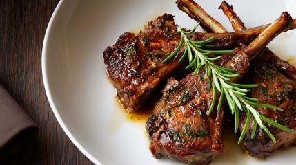 Grilled lamb chops served on a white plate with rosemary and seasoning. Ideal for gourmet dining visuals, restaurant menus, and upscale food photography projects.
