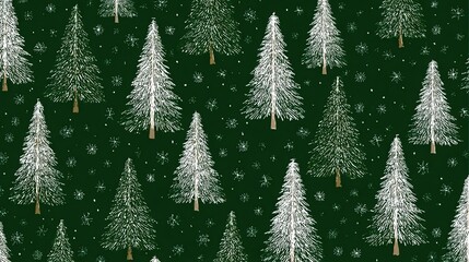 festive green christmas trees with white stripes and delicate snowflakes scattered across a deep forest green background creating a whimsical and charming holiday pattern perfect for seasonal decorat
