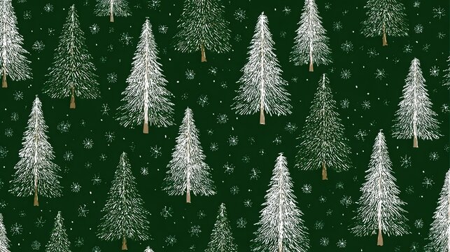 festive green christmas trees with white stripes and delicate snowflakes scattered across a deep forest green background creating a whimsical and charming holiday pattern perfect for seasonal decorat