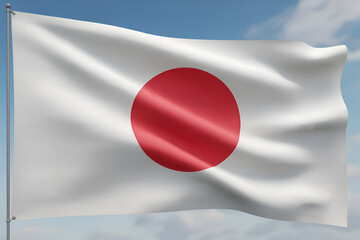 3D Waving Japan Flag – Realistic White Fabric with Red Sun Disc on Sky Background