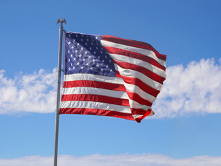 Flag of the United States of America waving on top of the hill at Wisdom Tree during a summer season in Los Angeles, California, USA