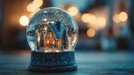 detailed closeup of a christmas snow globe tiny festive scene inside soft glow from fairy lights nostalgic and magical feel