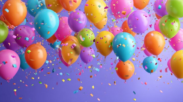 multicolored balloons and confetti banner or postcard for the holiday with congratulations