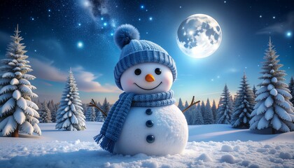 Obraz premium alegre muñeco de nieve con gorro y bufanda azules, sonriendo bajo la luz suave de la luna. Está de pie en una tranquila noche de invierno, rodeado de nieve fresca y árboles cubiertos de escarcha.