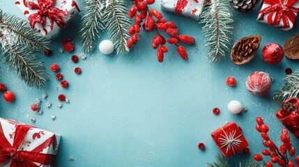 merry christmas and happy holidays greeting card frame banner new year noel red and white christmas decorations and gifts on blue background top view winter xmas holiday celebration theme