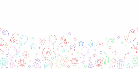 Whimsical hand drawn celebration border with balloons gifts stars and confetti on white background