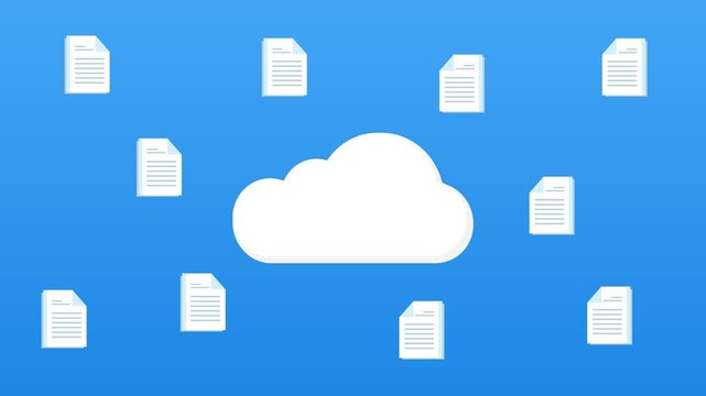 Cloud storage flat animation with random documents floating in and out from cloud on blue background. 4K animated cloud storage for data sync service, motion graphics, and data cloud explainer videos.